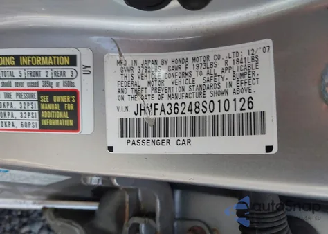 2008 Honda Civic Hybrid from USA, damaged, VIN JHMFA36248S010126